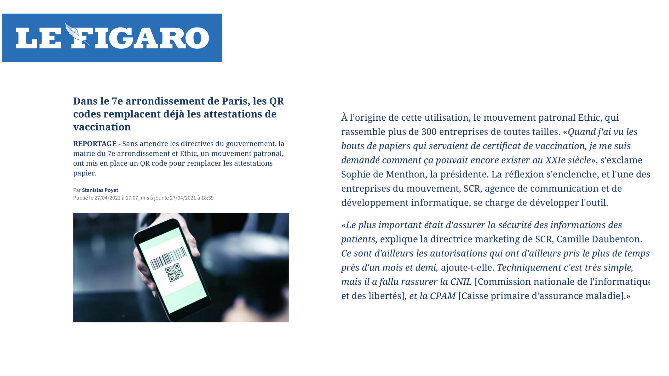 Remplacement des attestations de vaccination covid 19 par des QR codes dans Paris 7